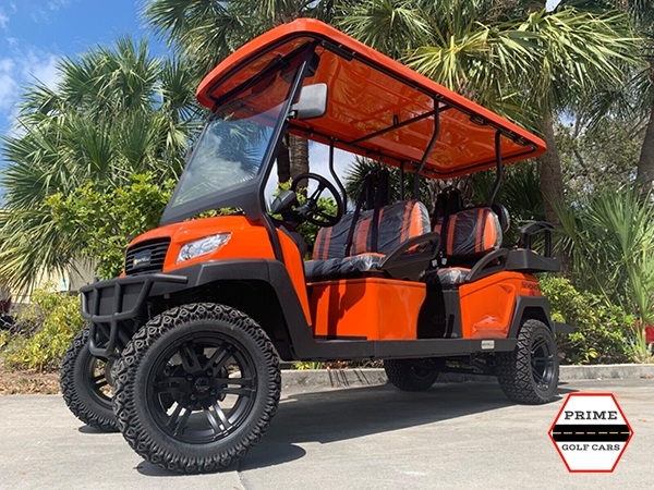 Orange Bintelli Beyond 6 Passenger Lifted Golf Cart affordable golf cart rental, golf cart rent laguna woods golf cart rental