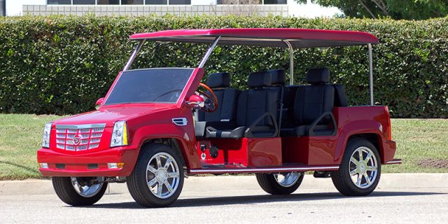 Red Escalade Limo Golf Cart affordable golf cart rental, golf cart rent laguna woods golf cart rental