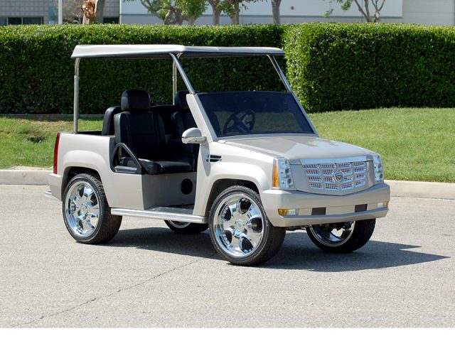 Silver Escalade Golf Cart With Roof and Custom Wheels affordable golf cart rental, golf cart rent laguna woods golf cart rental
