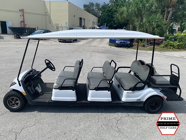 White 8 Passenger Yamaha Limo Golf Cart affordable golf cart rental, golf cart rent laguna woods golf cart rental
