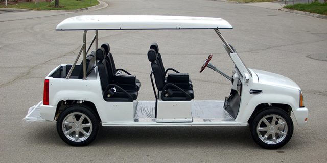 White Escalade Limo Golf Cart affordable golf cart rental, golf cart rent laguna woods golf cart rental